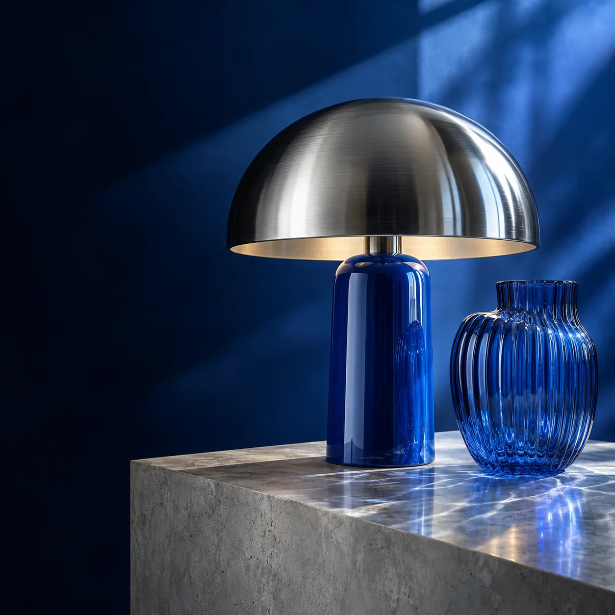Chrome lamp and blue glass vase in a fictional homewares campaign