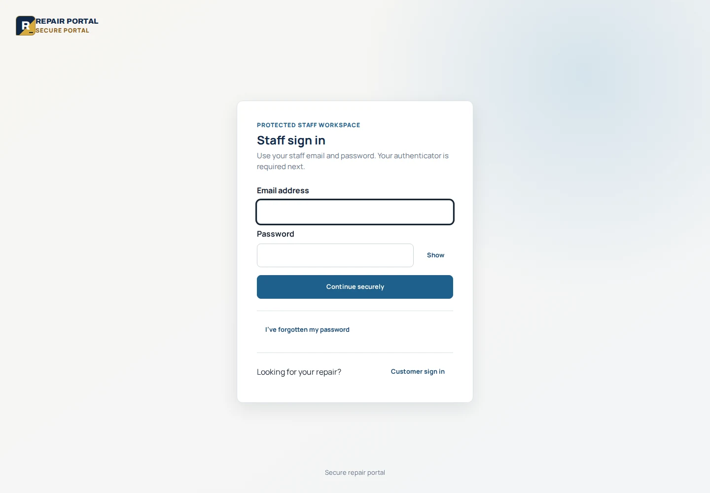 Swan City Smash Repairs SaaS: staff sign-in page